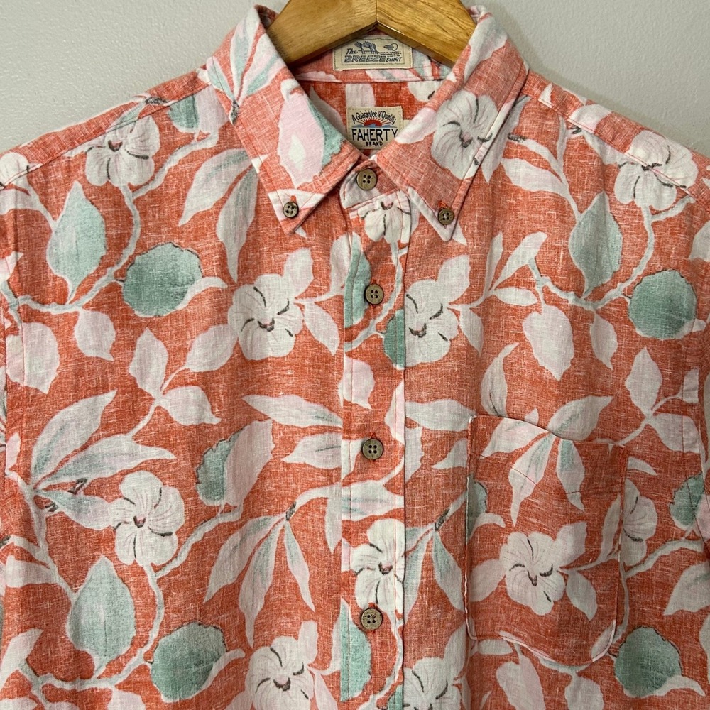 Faherty The Breeze Shirt Mens Medium Coral Floral Linen Tencel Short Sleeve